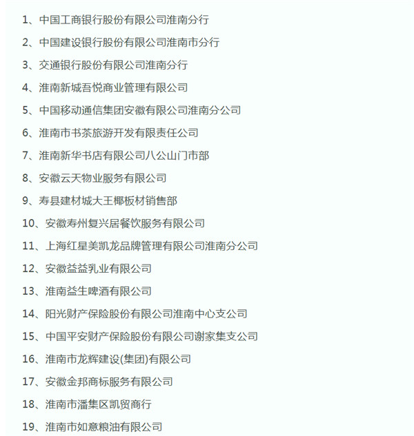 淮南市第五批市級放心消費創建示范單位公示名單
