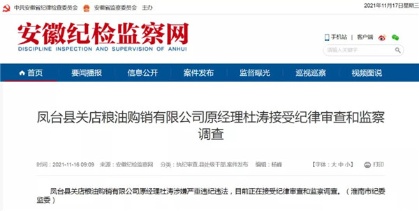 淮南鳳臺縣關店糧油購銷有限公司原經理杜濤接受紀律審查和監察調查
