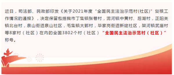 淮南市8個“全國民主法治示范村（社區）”復核通過