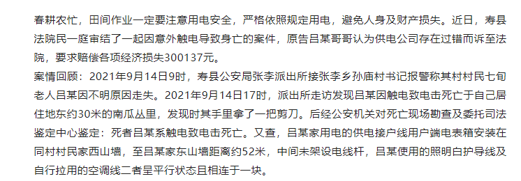 壽縣一位老人意外觸電身亡，誰之責任？